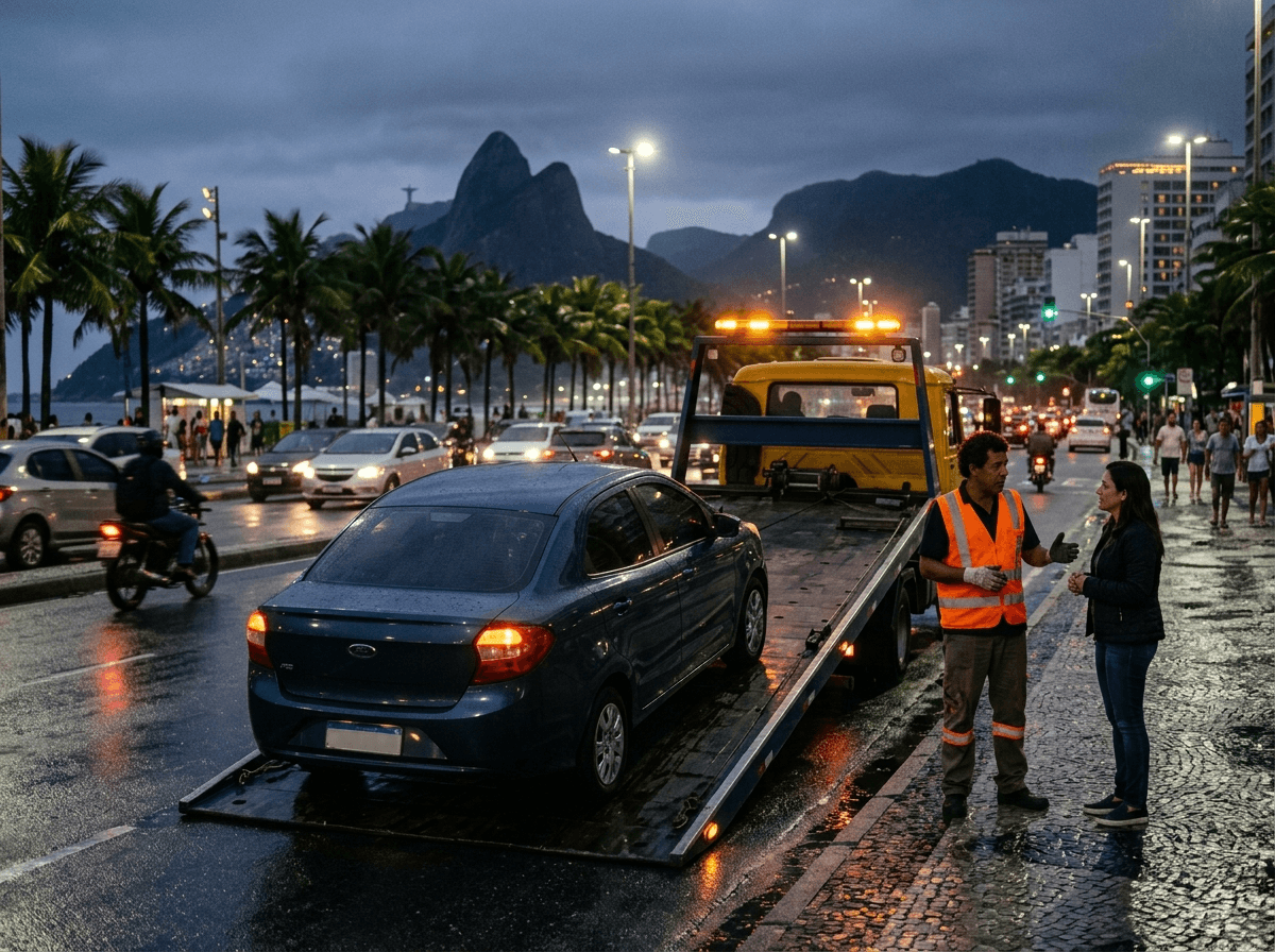 Guincho atendendo um carro à noite em uma avenida do Rio
