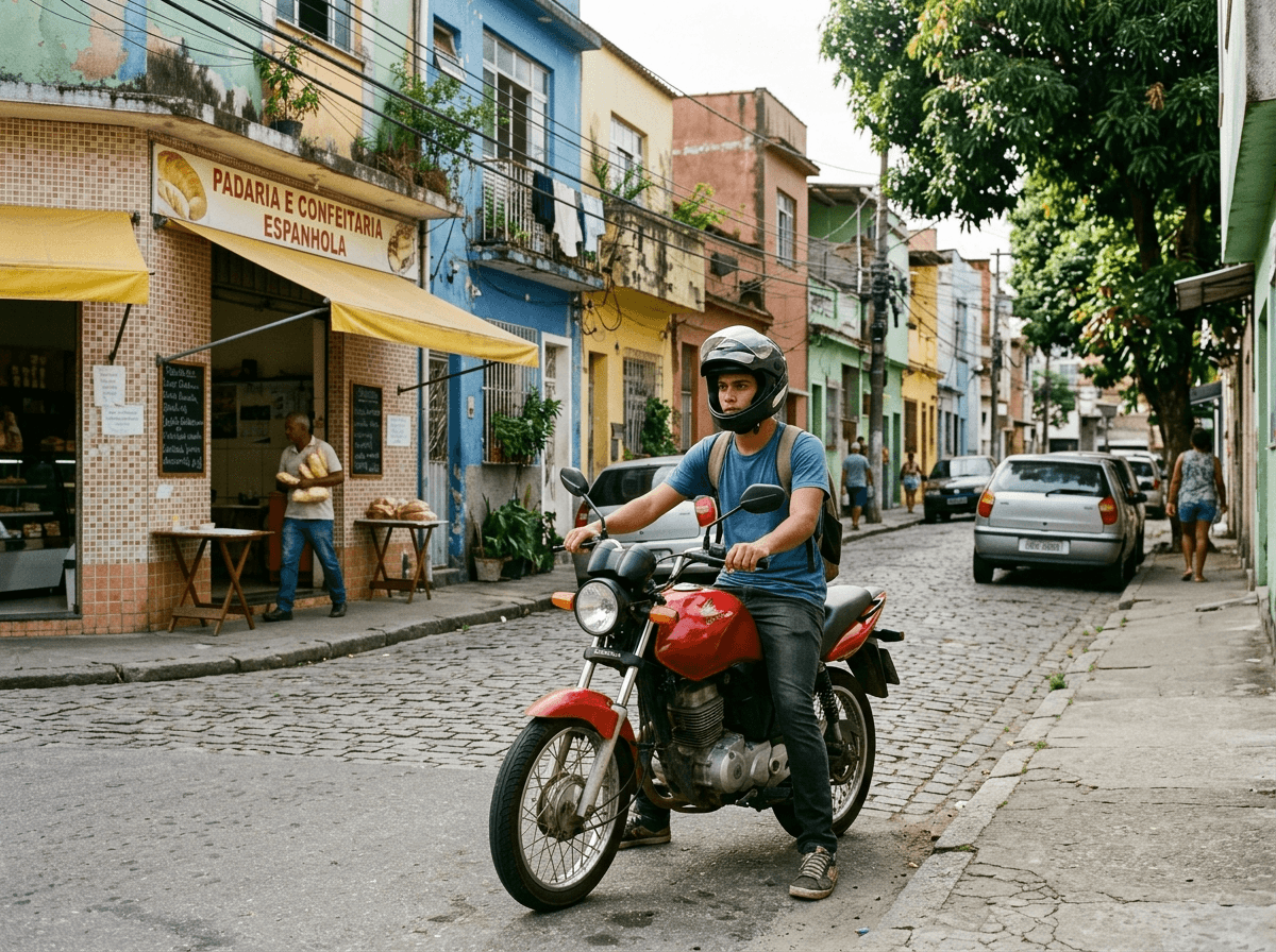 Motociclista de capacete parado com sua moto em uma rua de bairro